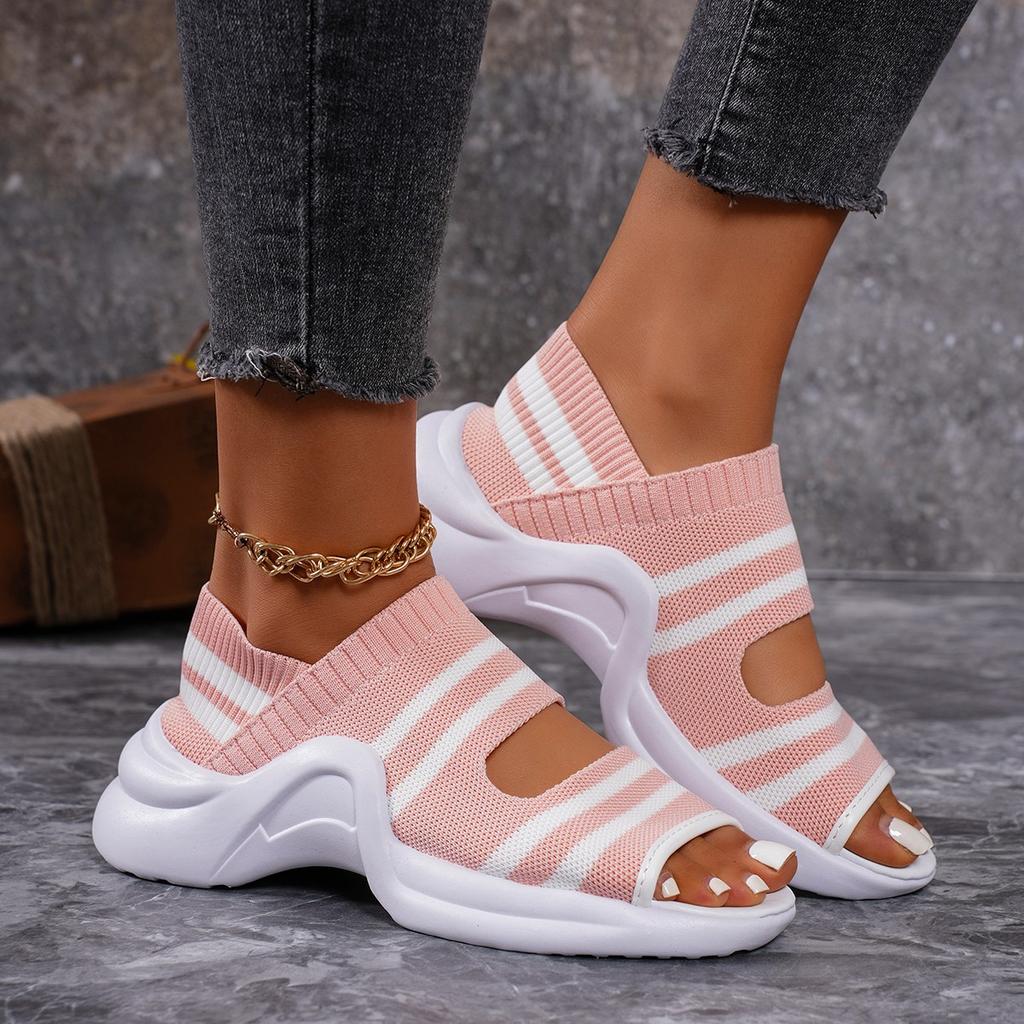Women Flat Knit Sandals 2025 High Heels Platform Shoes Spring Summer Female Slip On Peep Toe Shoe Non Slip Comfort Wedge Sandals