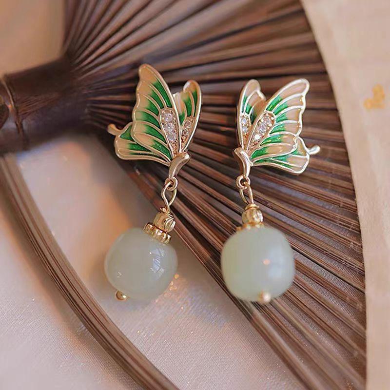 Vintage Green Butterfly Earrings for Women - Elegant Chinese Design