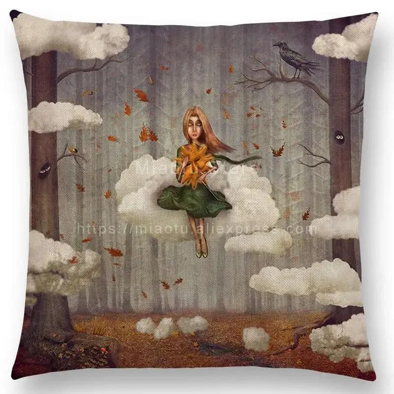 Latest Mysterious Imagine Animals Cushion Cover Forest Raven Fantasy Clouds Sky Moon Stars Earth Dream Girl Prints  Pillow Case