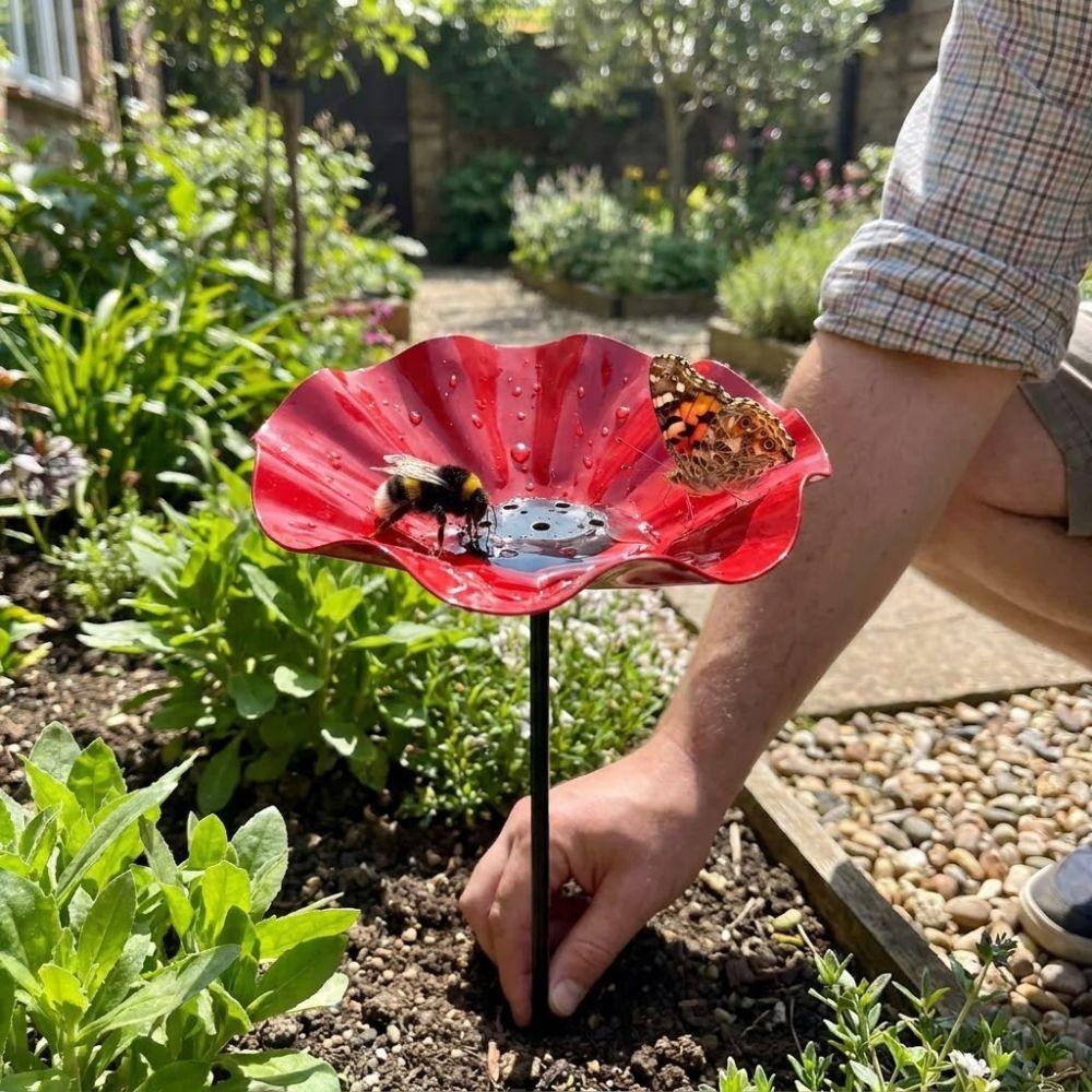 Handcrafted Garden Metal Flower Stake Sturdy Iron Bird Water Feeder Backyard