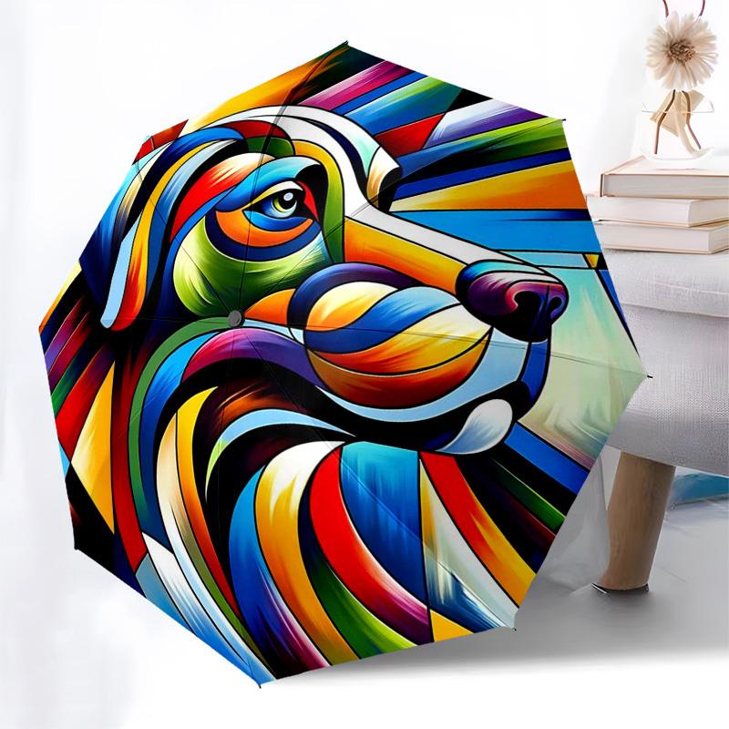 

1pc Colorful Abstract Dog Head Art Automatic Folding Umbrella - Portable 3-Fold Design with 8-Bone Iron Frame, Outdoor for Fans, Travelers, Daily Use,
