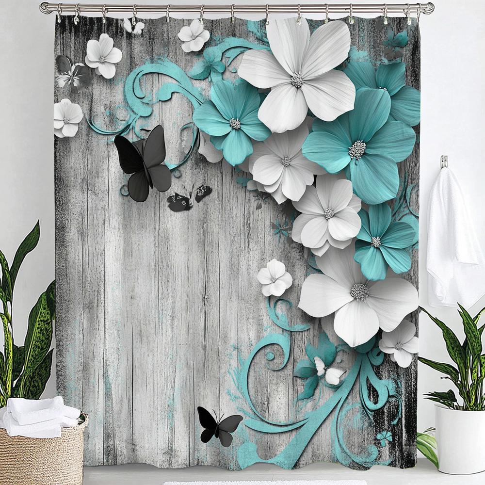 Blue Butterfly Floral Shower Curtain, Bathroom Decorative Shower Curtain, Printed Polyester Fabric Shower Curtain with Hooks
