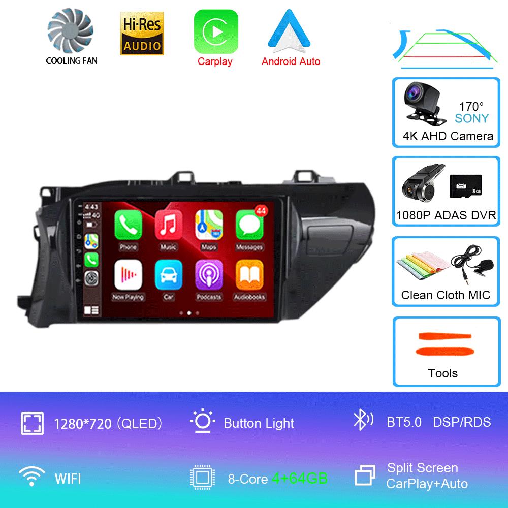 For Toyota Hilux 2016 2017 2018 Car Radio Android 14 Carplay Auto 2K Screen Multimedia Player 2din Autoradio Stereo Head Unit