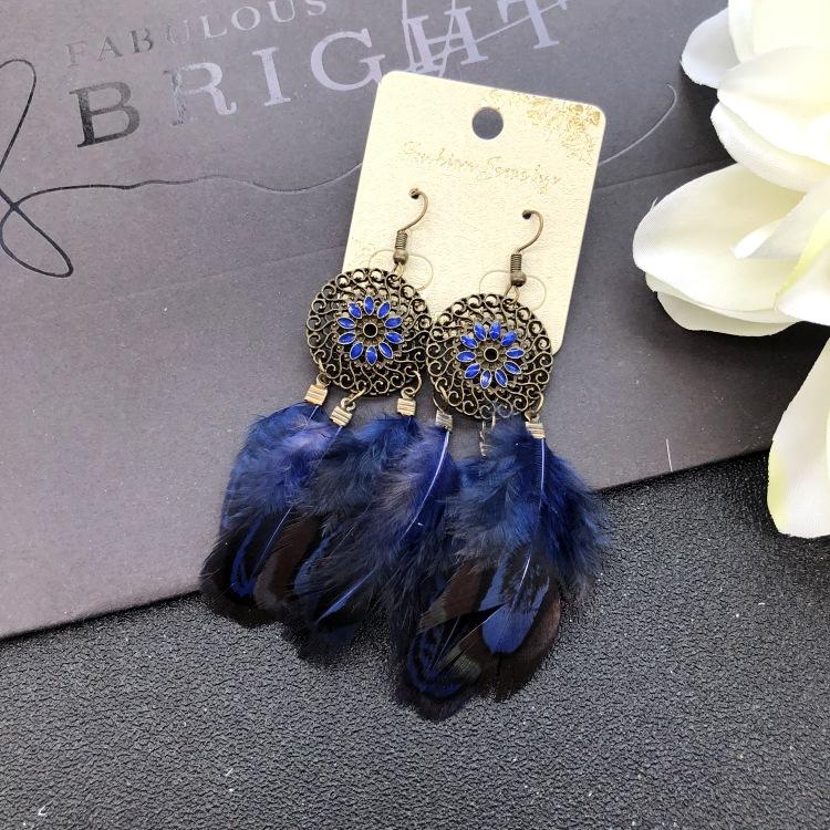 Original bohemian natural velvet feather earrings, female retro personality versatile elegant fringed fashion ear jewelry