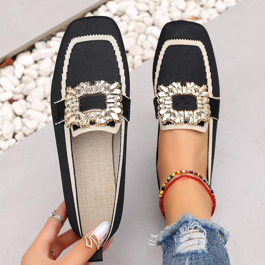 Ladies' Casual Square Toe Flat Shoes with Crystal Buckle Decoration, Breathable Fabric for One Foot Shoes, Rubber Sole, Suitable for All Seasons