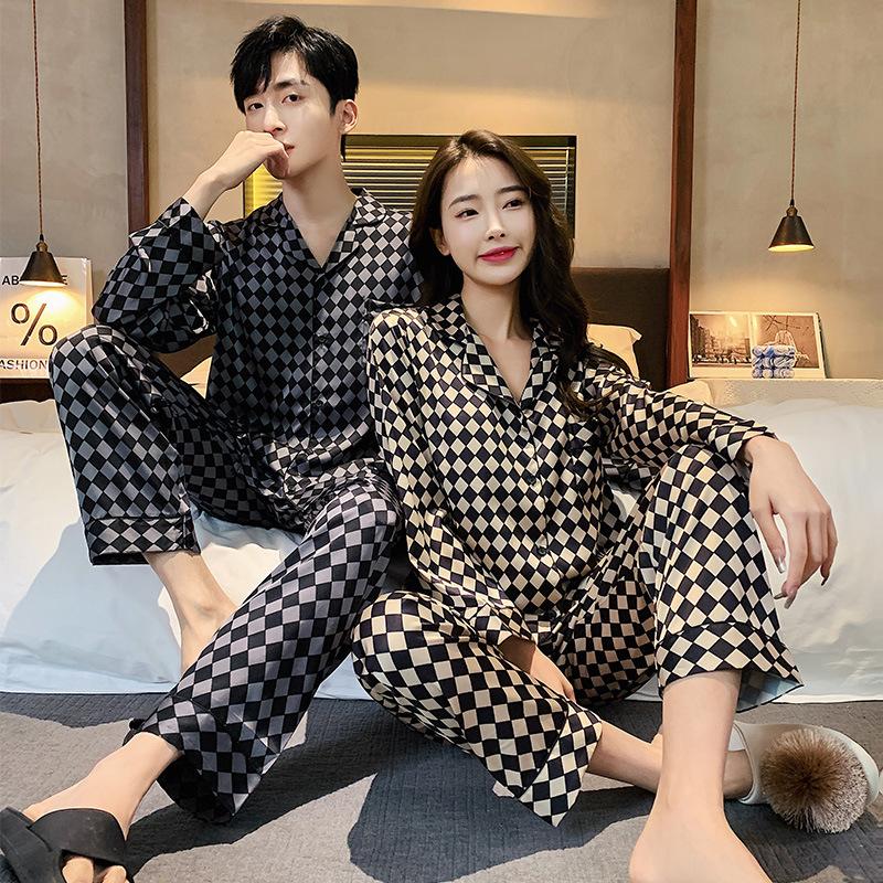 Couple's Ice Silk Pajama Set Spring Summer Fall Korean Style Lightweight Long Sleeve Top and Pants Men's Plus Size Loungewear
