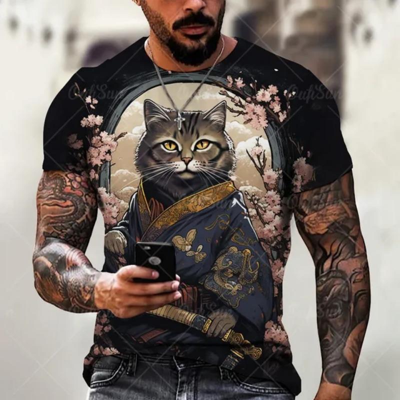 Men's T Shirts Japanese Samurai Cat Printed T-Shirt Funny 3D Animal Graphic T-Shirts  Casual O-neck Loose Tops Short Sleeve Tee