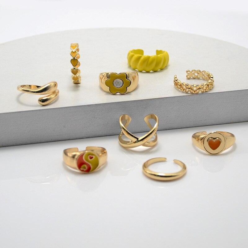 9pcs Gold-color Ring Set Women Fashion Trend Wind Open Finger Ring Yellow Department Zinc Alloy Jewelry