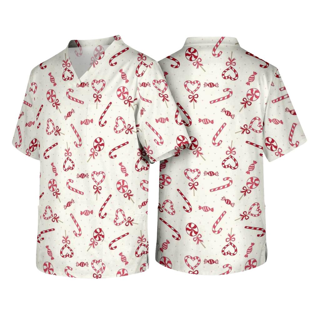Men's Christmas Theme Caregiver Uniform, Holiday Scrub Top for Nurses and Workers