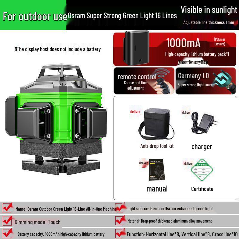 Germany High-Precision 16-Line Blue/Infrared Laser Level with 12 Green Lines
