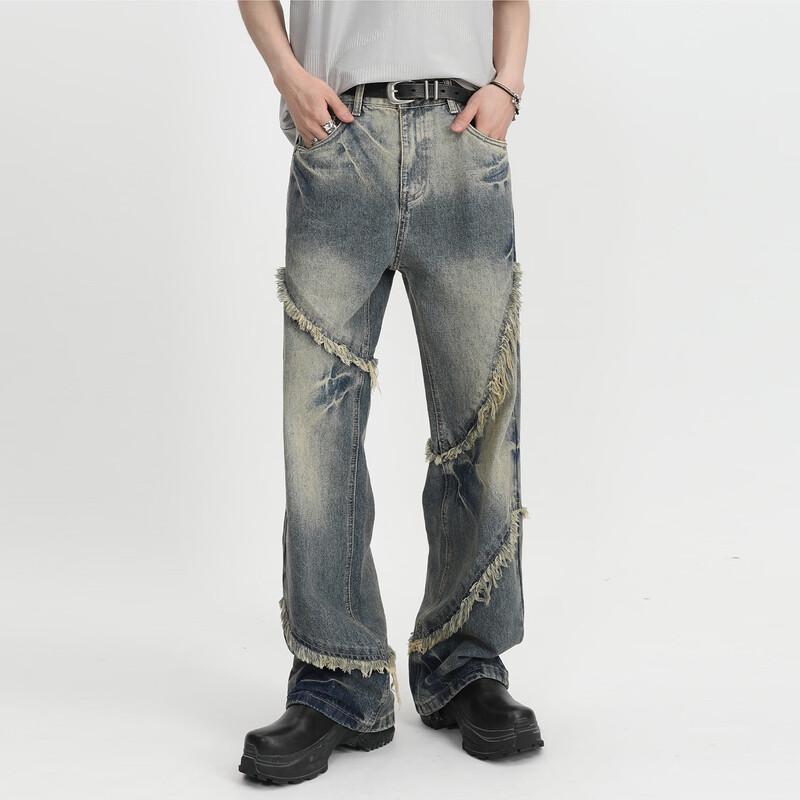 VOGUO RELAY Unisex Loose Straight Frayed Hem Jeans L