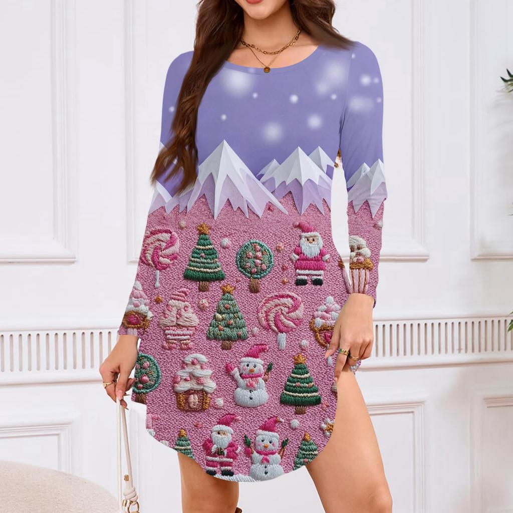 Women's Long-sleeved T-shirt Dress With Round Neck, Knee-length, Loose Fit, Casual And Pockets