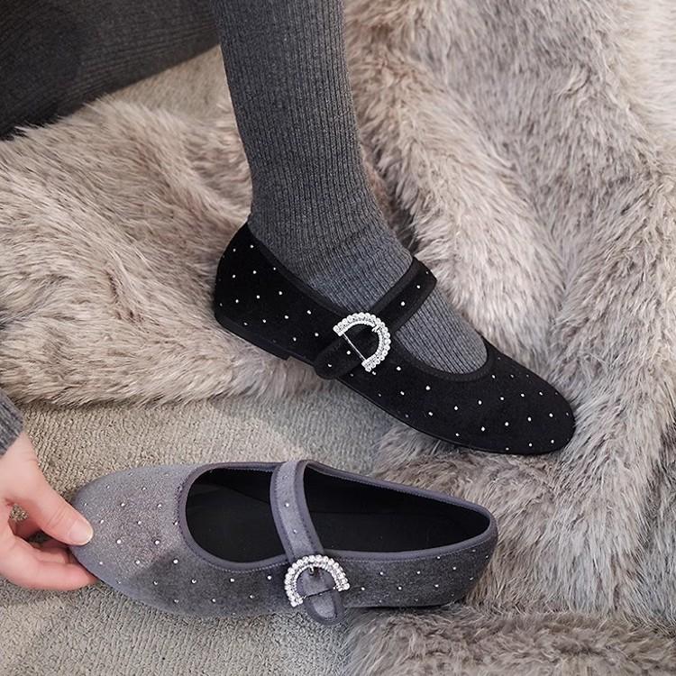 French single shoes women's 2025 spring new retro design flat ballet shoes shallow mouth rhinestone Mary Jane shoes