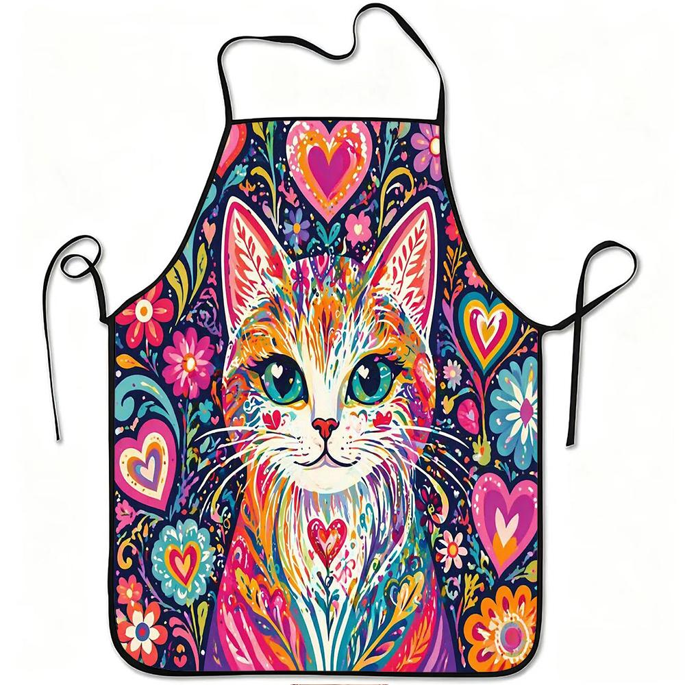 1pc Colorful Artistic Cat And Floral Heart Print Apron, Durable And Easy To Clean, Adjustable Waistband, Polyester Material, for Kitchen Cooking, Gard