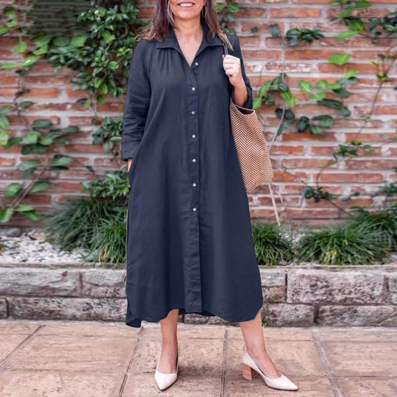 BITCED Fashion Spring Autumn Solid Color Print Long Sleeve POLO Neck Casual Dresses S
