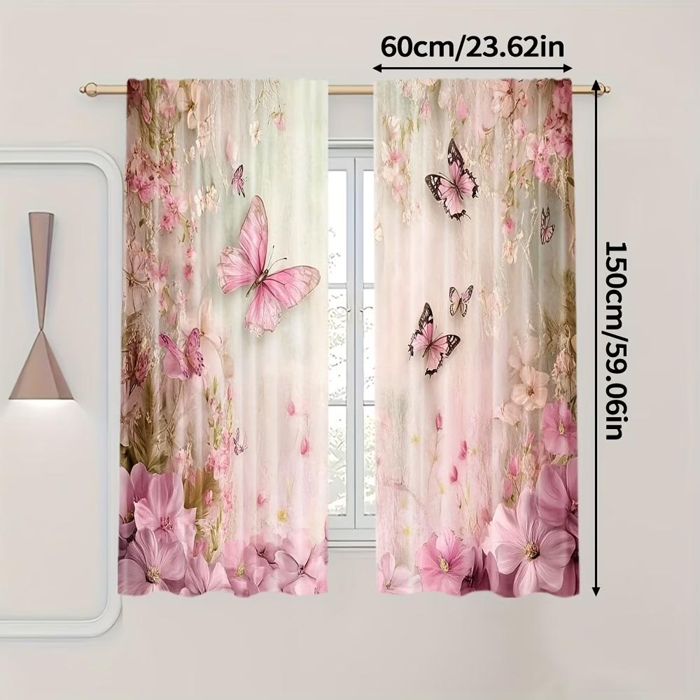2PCS Digital Printed Curtains, Pink Green Butterfly Fresh Nature Insect, Window Curtains for Living Room Bedroom Home Decoration