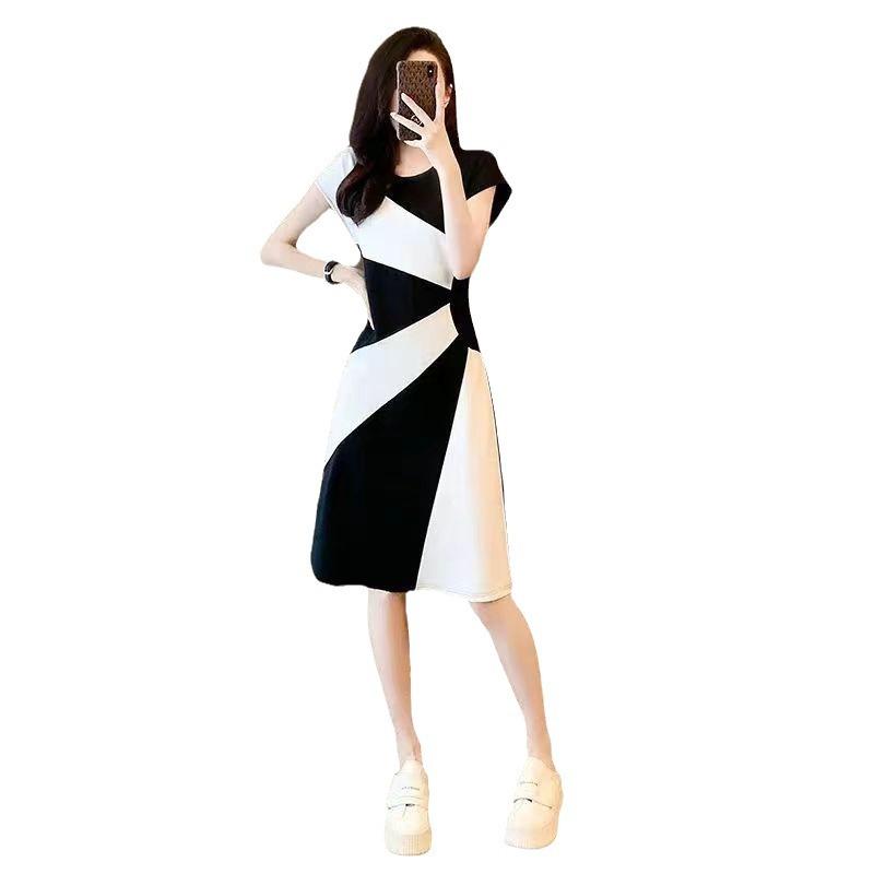 French Retro Contrasting Color Dress Summer New Temperament Wind Waist Thin Black and White Splicing Casual Skirt