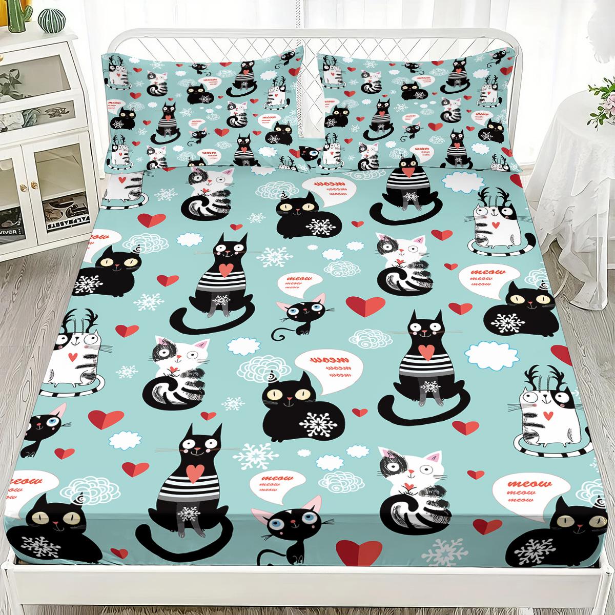 

3pcs Cute Kitten Printed Chipless Bed Sheet Set Multi Size Soft Bed Cover Bedroom Bedding Decoration Machine Washable 90x191cm