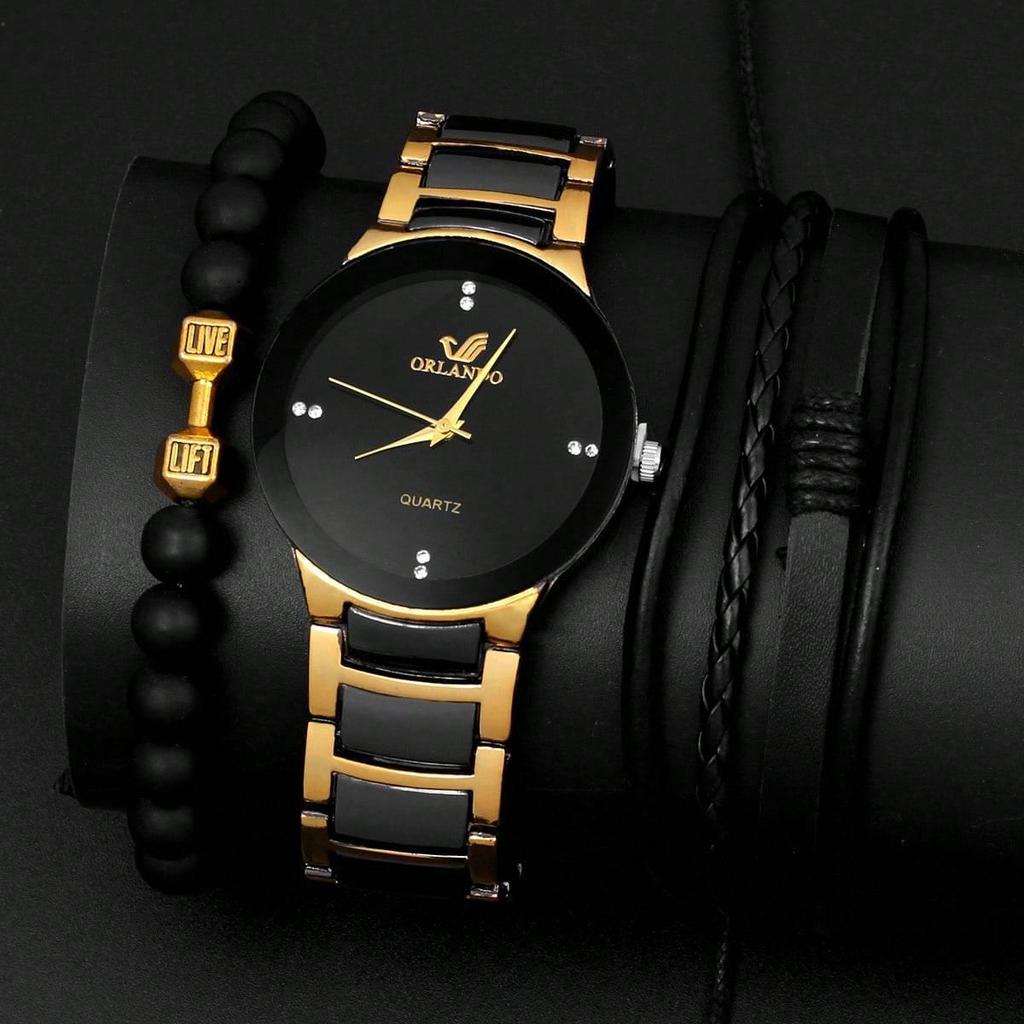 Black Skull Dial Quartz Watch & Bracelet Set (3-Piece)