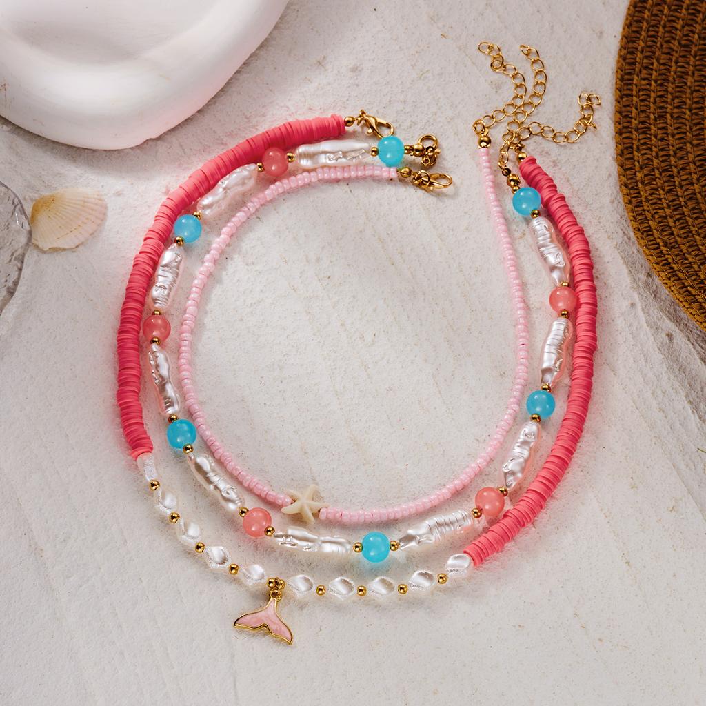 Mermaidcore Mermaid Tail Starfish Heishi Beads Pendant Necklace for Women Boho Shell Conch Clavicle Chain Beach Jewelry Gift