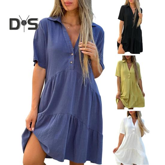 Summer Midi Dress V Neck Patchwork Hem Loose A-line Short Sleeves Pleated Solid Color Knee Length Dress for Beach Dating Parties