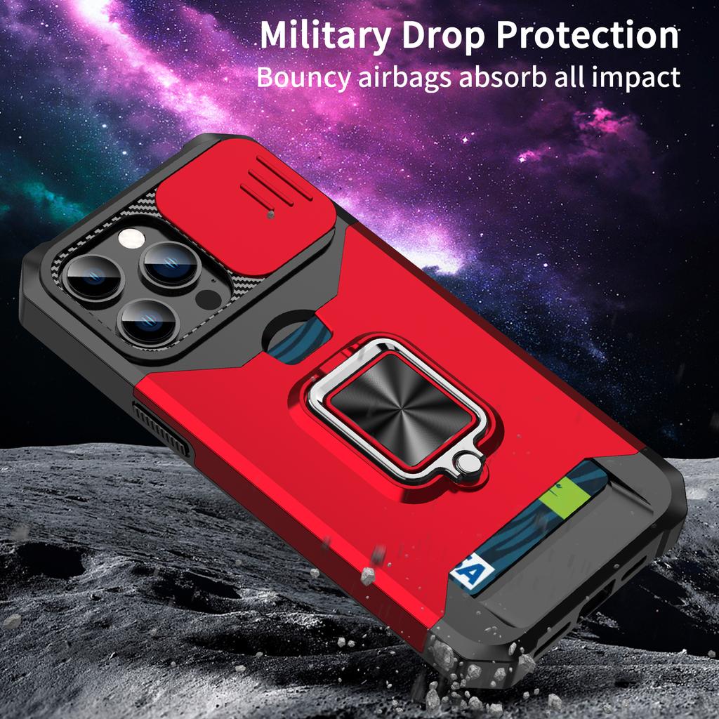For iPhone 15 Pro Case Anti-scratch PC+TPU Kickstand Phone Back Cover with Slide Lens Protector