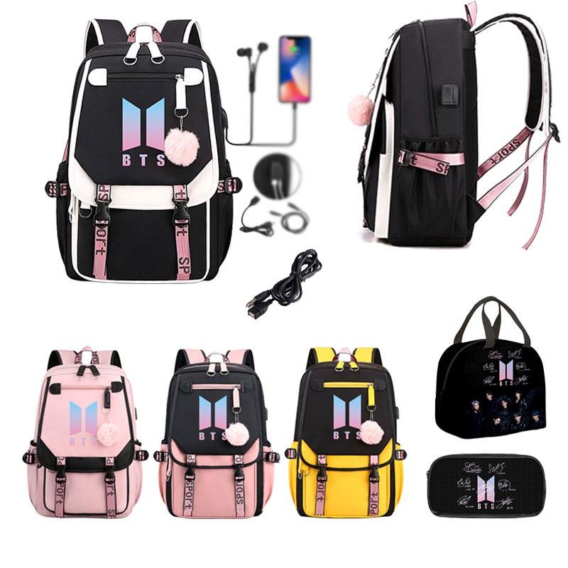 Uroczy plecak BTS z tkaniny Oxford z ładowaniem USB, idealny dla uczniów szkół podstawowych i średnich, pojemność 20-35 l