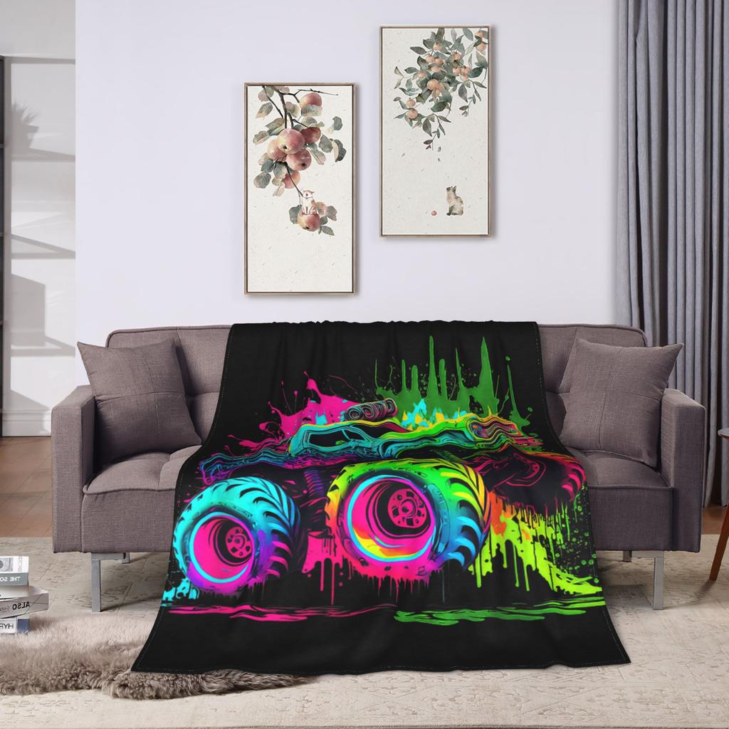 Monster Truck Retro Colorful Graffiti Shirt Flannel Blankets Winter Soft Durable Throw Blanket for Child Couch Bed