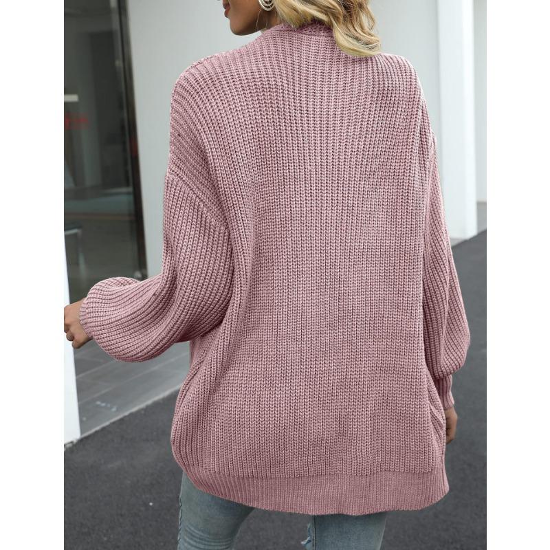 Womens Loose Long Lantern Sleeve Thick Solid Knit Cardigan Sweater Coat With Pockets