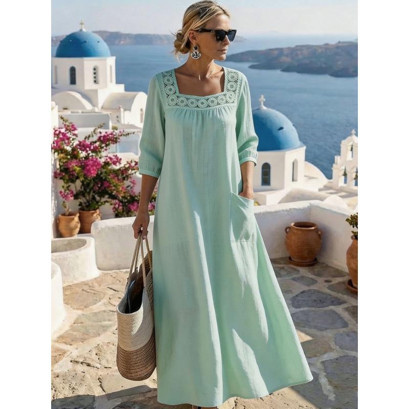 Casual Square Neck Three Quarter Sleeve Solid Color Womens Loose Long Maxi Dress