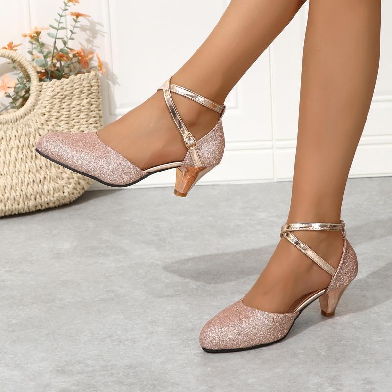 Chunky Heel Shoes Spring New Round Head Shallow Mouth Sequins Cross Thin Belt Anti-slip Wear-resistant High Heels