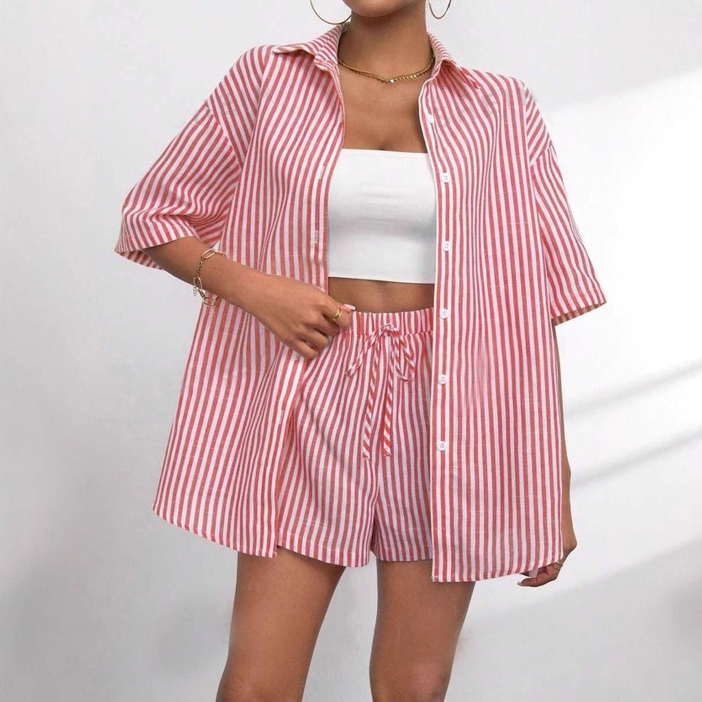 Frühling und Sommer Neue Mode Damen Outfit Gekragtes Gestreiftes Kurzarmhemd + Shorts Lässiges Zweiteiliges Set Für Damen