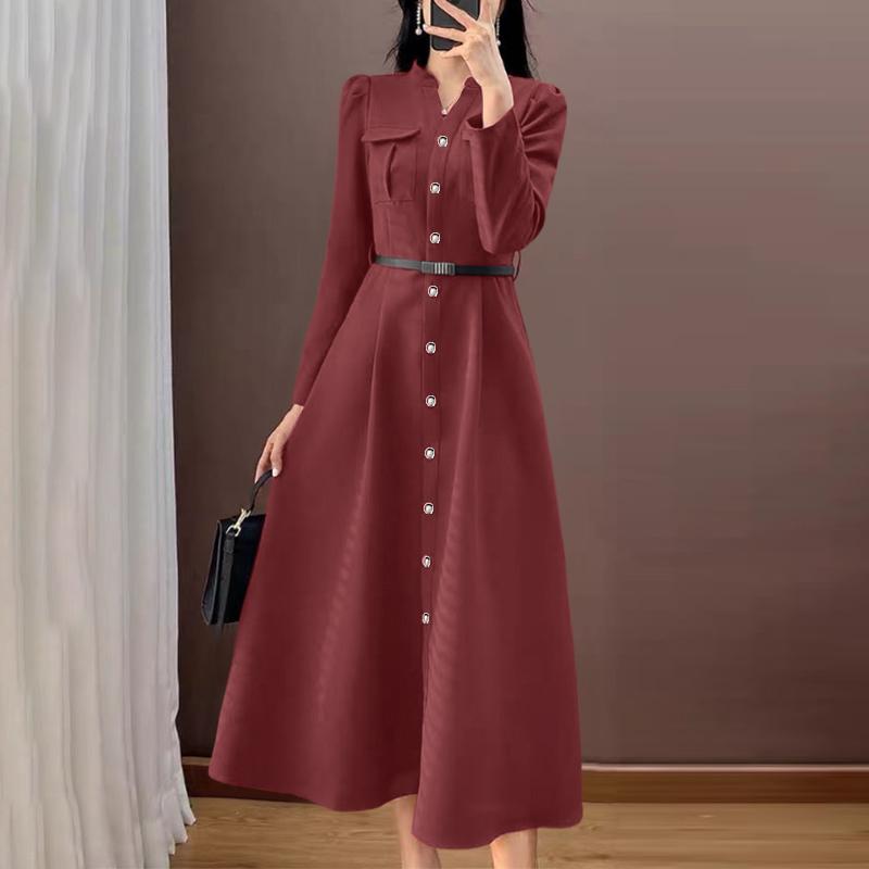 ZANZEA Women Casual V-Neck Solid Color Long Sleeve Elegant Dress