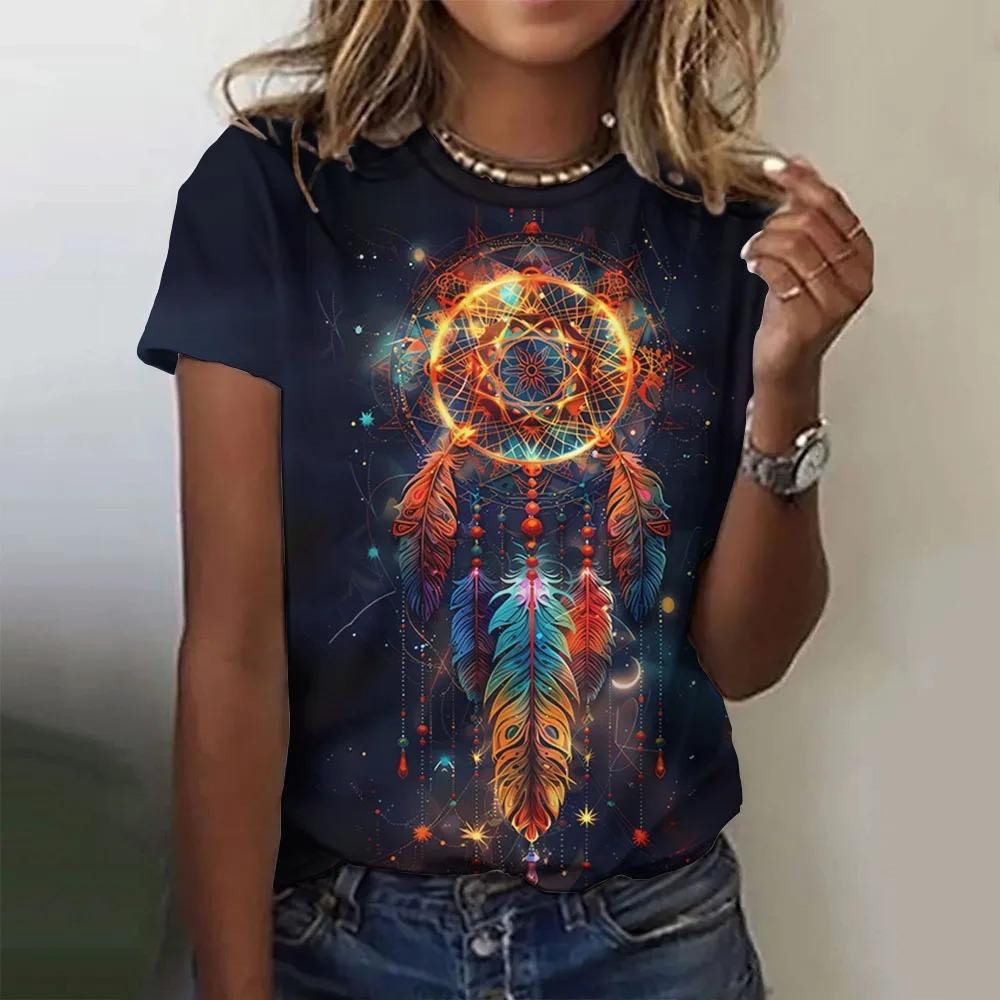 Summer Dreamcatcher 3D Print T-Shirt Women's Street Casual Retro Y2K Short Sleeve Crew Neck Top
