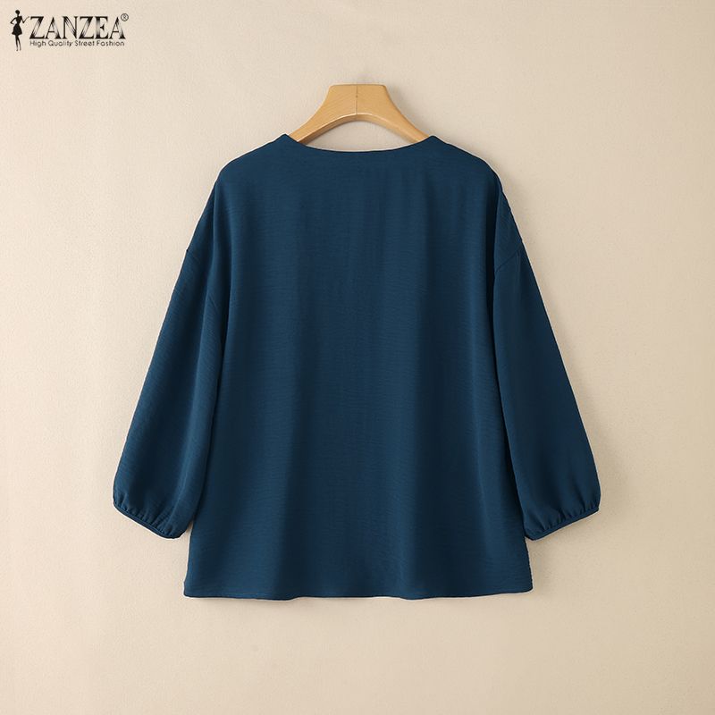 ZANZEA Moteriški laisvalaikio V formos iškirptės vienspalviai 3/4 rankovių marškiniai