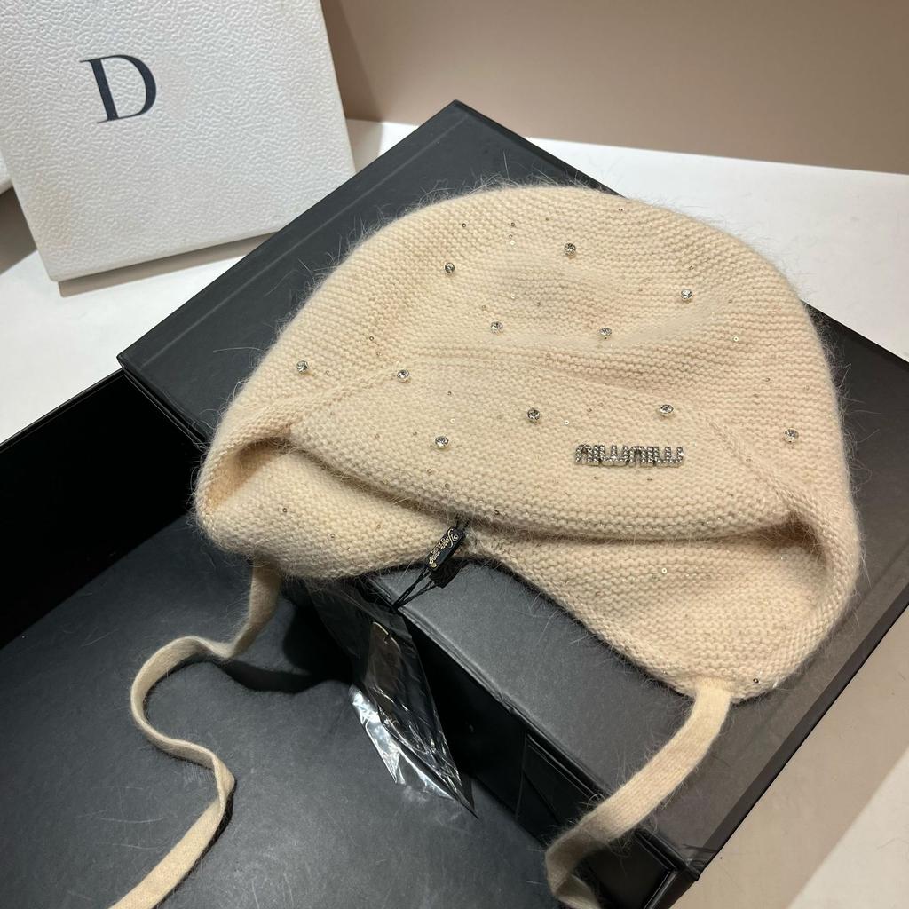 Light Luxury Rhinestone Min Rabbit Hair Knitted Hat Winter Outdoor Double-Layer Thermal Ear Protection Hat Celebrity Style Bag Head Hat