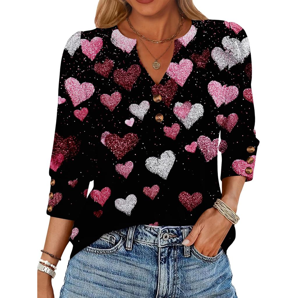 Women's Loose 7-inch Sleeve Top with Heart Print