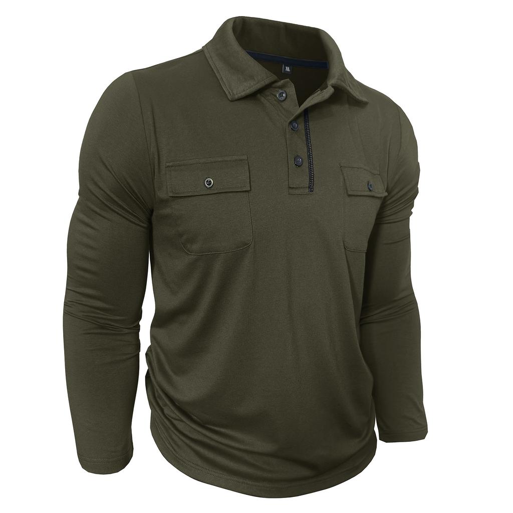 Spring Autumn Men's Long Sleeve Casual Polo Shirts Solid Lapel Button Up Pull On Polos Man