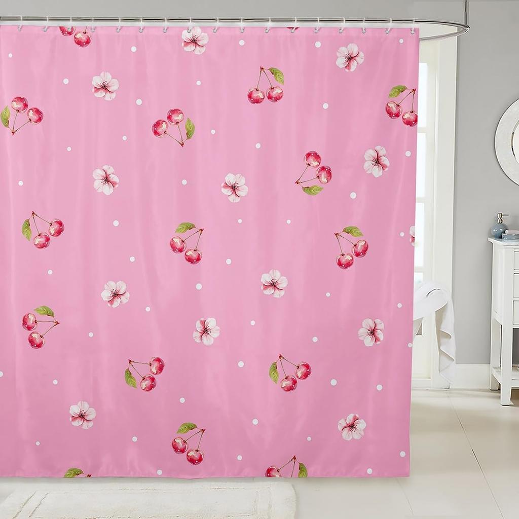 Kids Cherry Bathroom Shower Curtain Set Cherry Pattern Shower Curtain Boys Girls Cute Fruit Bath Curtain for Cartoon Fruit