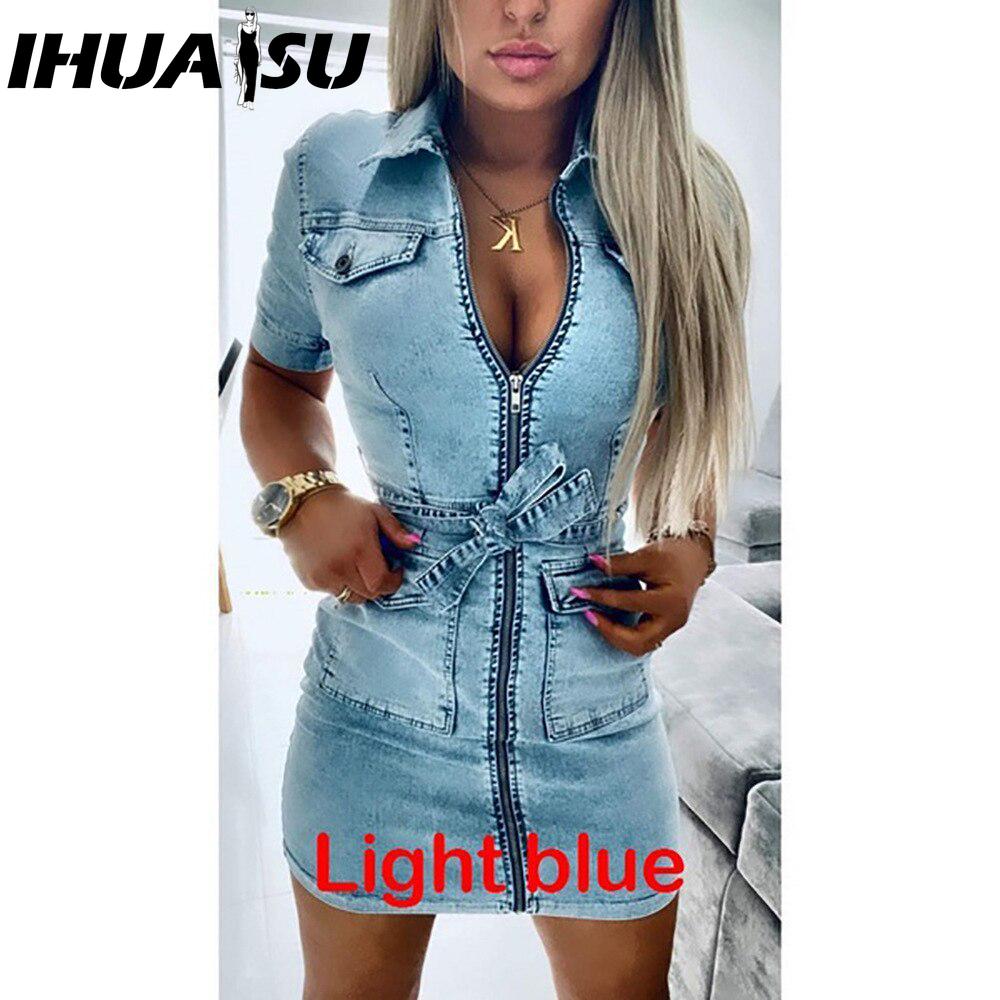

ИГУАСУ Женское модное джинсовое платье с коротким рукавом на молнии Лето Весна M синий