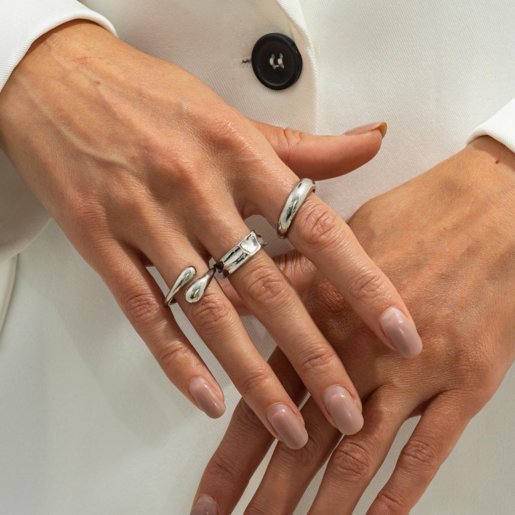 Hip-Hop Style Metal Pleated Open Ring Set, Simple Glossy Water Drop Hug Ring Woman