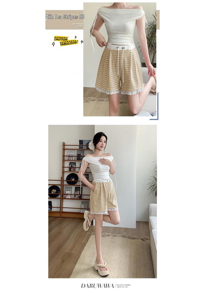 2026 New Style Striped Maternity Shorts with Lace Trim for Petite Women – Casual Wide-Leg Summer Pants Without Belly Support