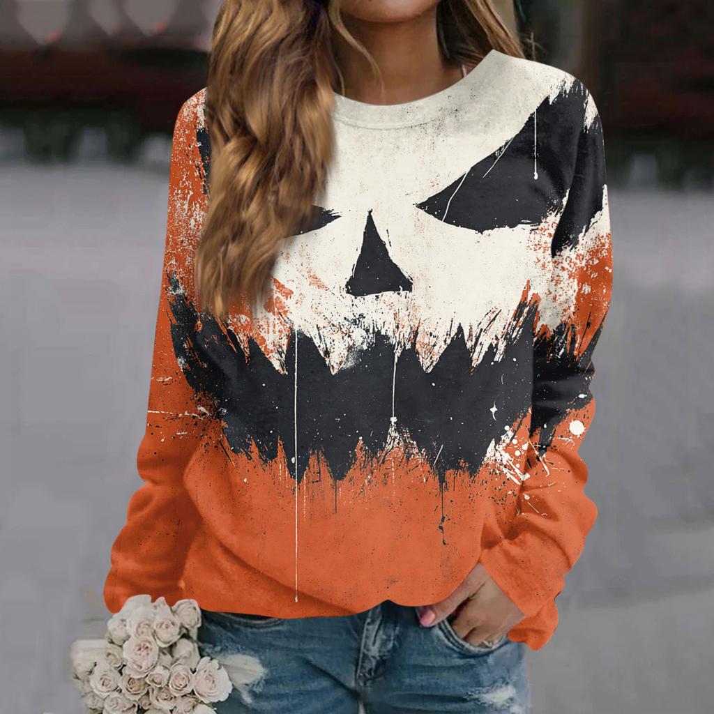 Women's Casual Long Sleeve Neck Halloween Print Sweatshirt Top