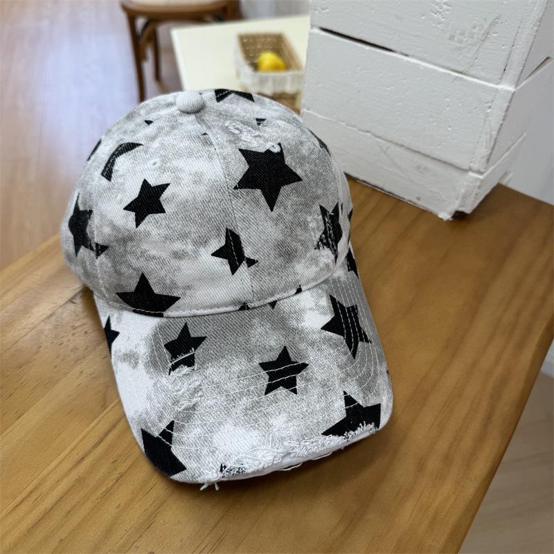 American Retro Old Ripped Star Printed Baseball Cap Women's Wide Brim Trendy Cool Hat Showing Face Small Cap