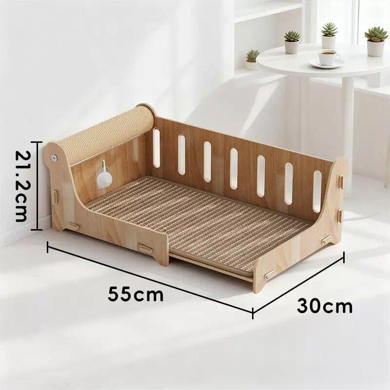 Large Wooden Cat Bed With Sisal Scratching Post Lounge Sofa Furniture For Indoor Pets Living Room Summer Cooling Pet Supplies