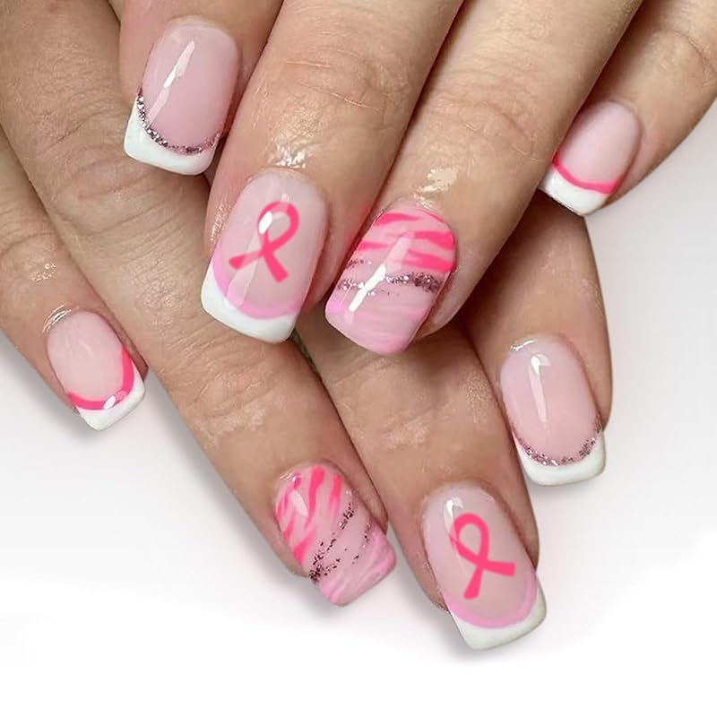 Leopard Print French Tip Press on Nails Medium Square Fake Nails with Gold Glitter Designs Acrylic Glue on Nail Pink Glossy False Nails Full Cover