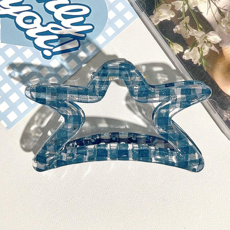 Deep Blue Crystal Textured Plaid Spliced Flower Hair Clip Vintage Women S Bun Hair Quality Shark Clip Hair Accessory