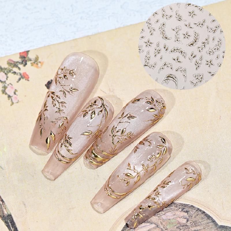 Chinese Style Wicker Leaves Design Embossed Reliefs Self Adhesive Nail Art Decorations Stickers Cute Manicure Decals Diy Salon