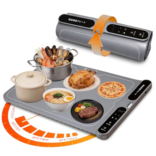 

Tabletop Food Warmer Plate, Holds 6 Dishes, 40-100°C (102-212°F), 7 Temperature Settings, 8-Hour Timer, Child Lock, Automatic Power-Off, Foldable, Sto