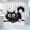Cute Black Cat Shower Curtain Big Eyes Fluffy Fur Art Cartoon Animal Decor Waterproof Fabric Bath Curtain Set Home